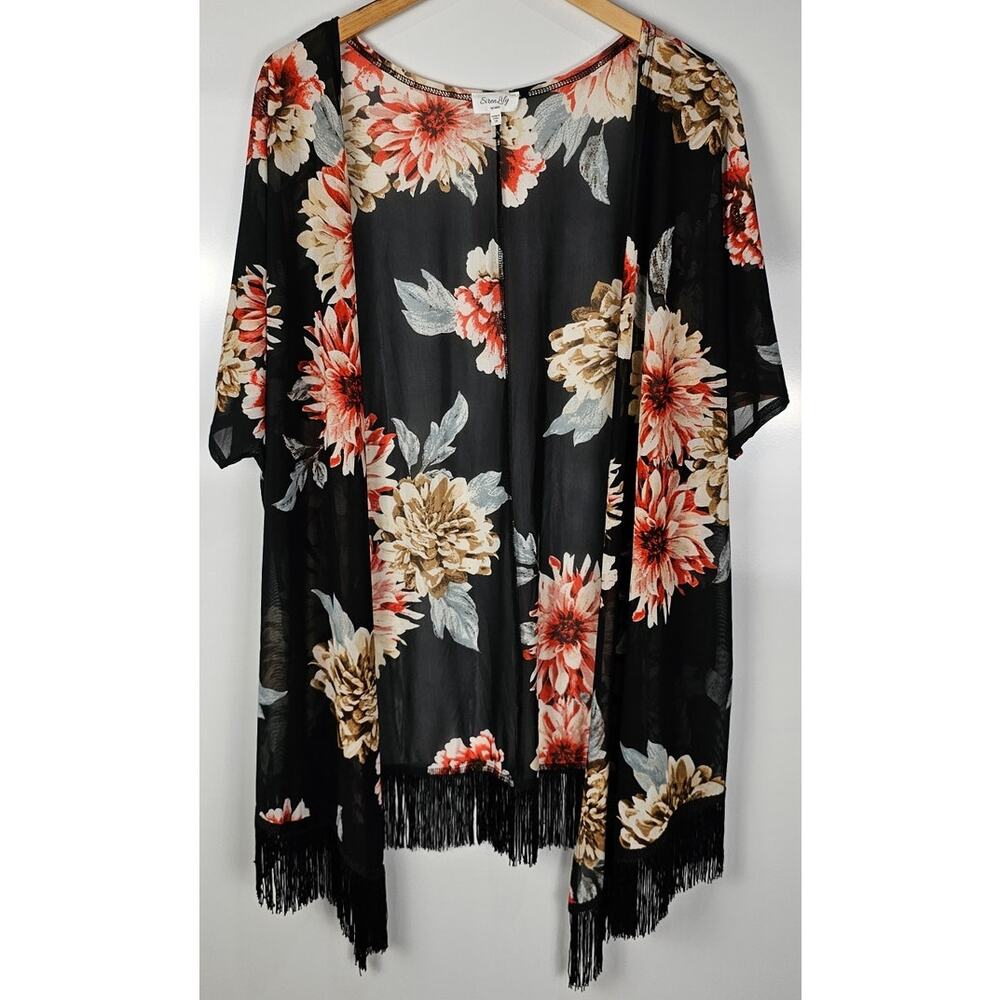 Siren Lily kimono blouse open front womens sz 1X black floral stretch fringe hem